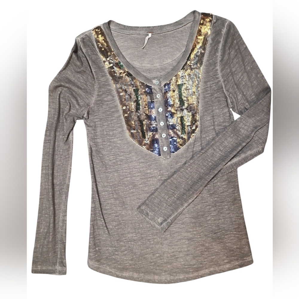 Free People 100% Cotton Brown Sequin Embellished Long SleeveTop Size Medium